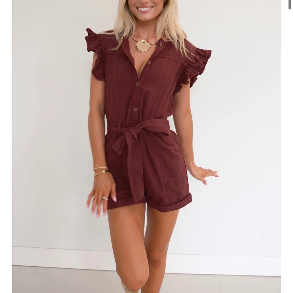 Women's Burgundy Ruffle Sleeve Jumpsuit